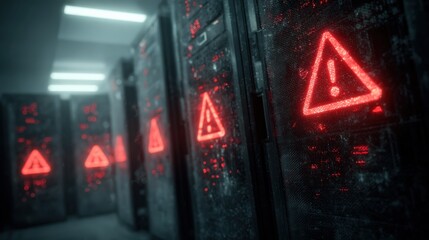 Obraz premium Server room with AI nodes flashing red holographic warning futuristic risk concept