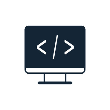 A computer monitor icon with HTML code symbols on the screen, representing programming and coding concepts.
