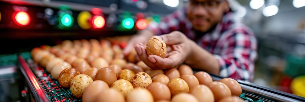 Automated egg processing line with technician removing cracked egg during quality control check