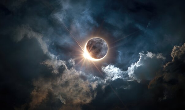 A stunning celestial event captured, revealing a solar eclipse framed by dramatic, swirling, dark, and illuminated clouds. A moment in time