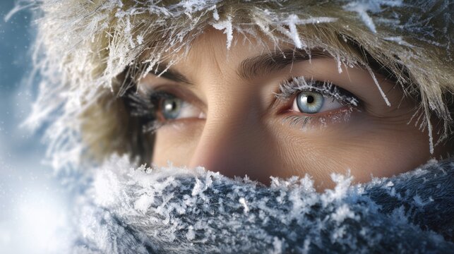 Female face in extreme cold close up with frost ice and frozen skin texture highlighting severe winter conditions human vulnerability strength and dramatic climate exposure