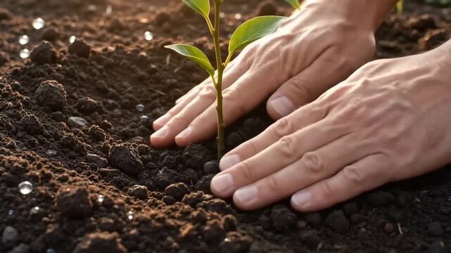 Close-up shot of human hands placing a rooted seedling into a prepared soil hole in warm sunset light, with water droplets on the nutrient-rich dirt.