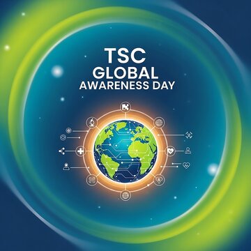 Tsc global awareness day with earth and icons on blue background