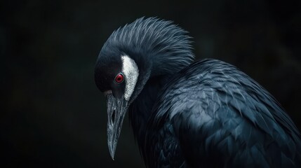 Naklejka premium Close-up portrait of a crane, dark background. Possible use nature photography