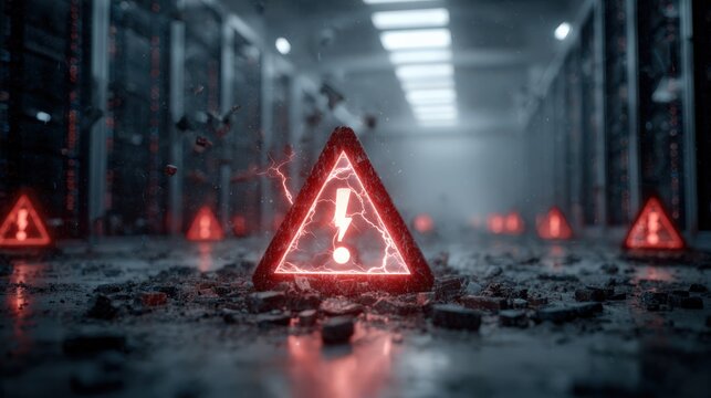 AI server room data flood with red warning signals system failure and high tension concept