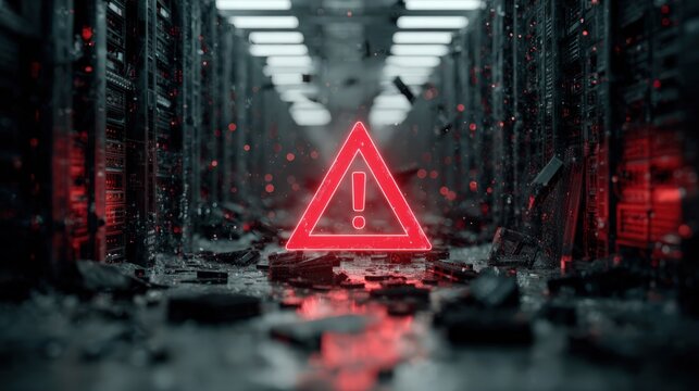 AI server room data flood with red warning signals system failure and high tension concept