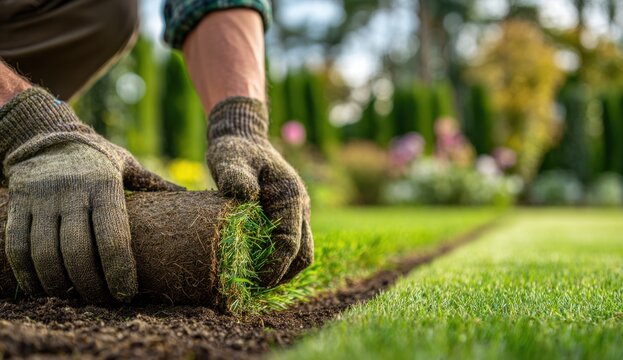 Gardener planting fresh green grass on loamy soil in a well-maintained garden
