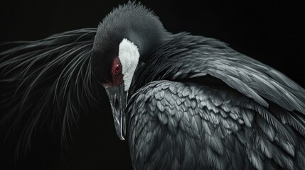 Naklejka premium Close-up of a crane, dark background, portrait style, nature