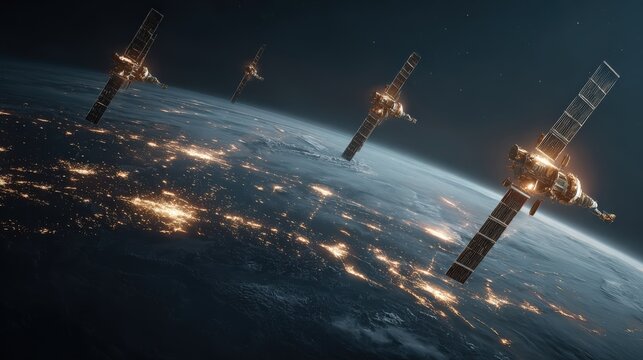 AI communication satellites in low Earth orbit connecting global data nodes futuristic visualization
