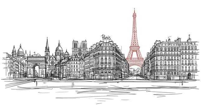 A detailed black and white sketch of the iconic Parisian skyline, featuring the Eiffel Tower, Arc de Triomphe, and Notre Dame Cathedral.