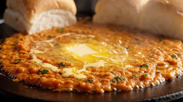 Spicy pav bhaji with melting butter and soft buns in a warm, vibrant close-up street food setting.