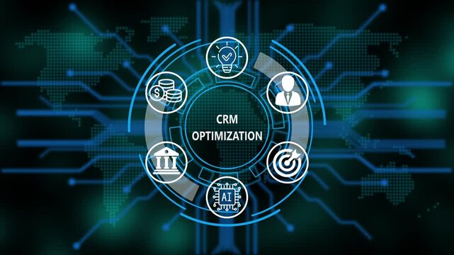 &ldquo;CRM Optimization, Artificial Intelligence, and Global Business Network Technology Concept&rdquo;. Digital circuit board on world background. Representing artificial intelligence, and future technology