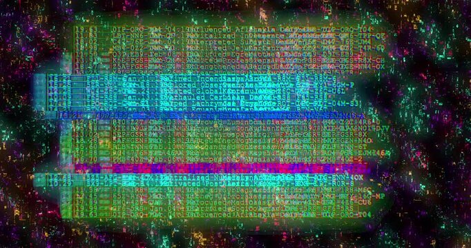 Colorful corrupted data stream with distorted code and glitch inspired cyber interference effects.