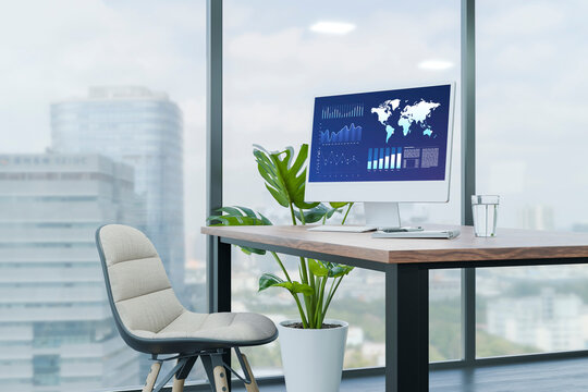 3D analytics office desk with dashboard monitor by city window