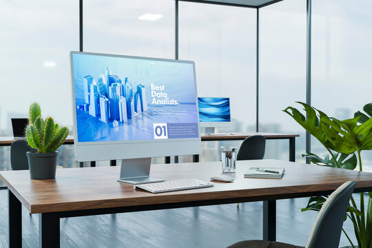 3D data analyst workspace with desktop screen in bright office