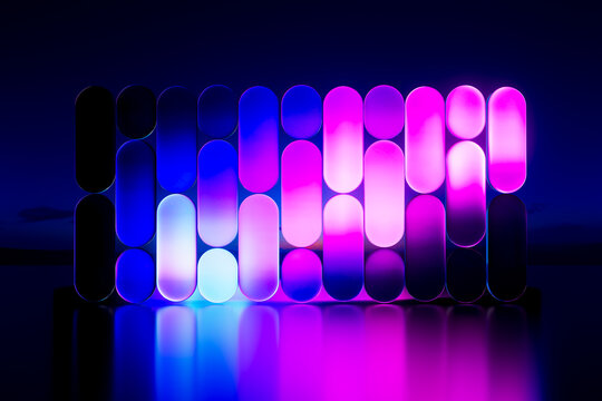 3D neon capsule panel with luminous column on dark reflection