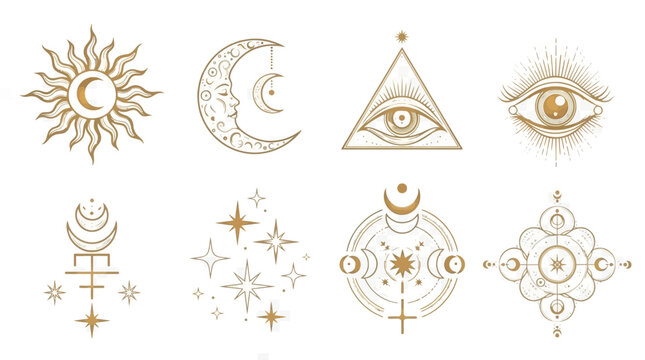 Set of Mystical Eyes, Sun and Moon Icons in a Trending Minimal Linear Style. Vector Isoteric Illustration