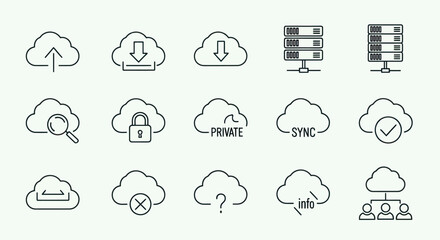 Obraz premium Cloud computing icons for data, security, sync, and networking.