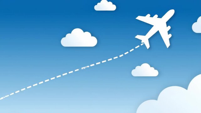 Animated airplane flying through clouds with dotted flight path trajectory for travel and aviation concepts