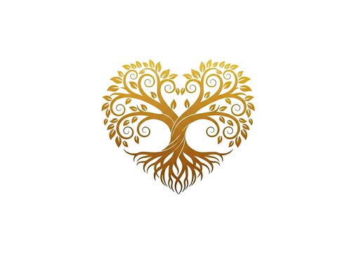 Golden heart shaped tree of life on white background.
