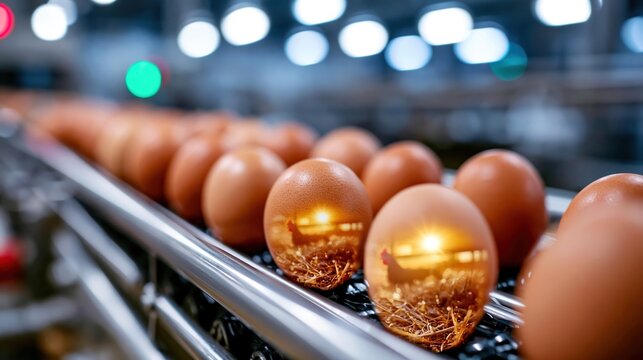 Fresh brown eggs on factory conveyor with warm farm reflections, blending food processing and origin