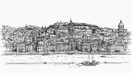 Fototapeta premium A detailed pen-and-ink sketch of a sprawling European city built on a hillside overlooking a body of water with boats.