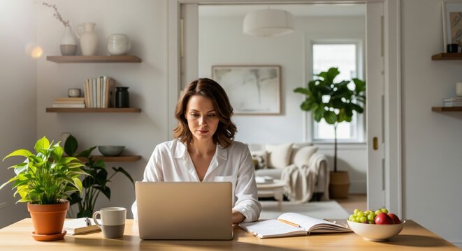 Busy woman working remotely on laptop at home desk, focused professional routine, modern digital lifestyle, calm productive atmosphere, balanced daily work moment in cozy interior