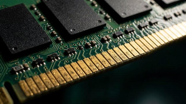 Close up of computer RAM memory module circuit board.