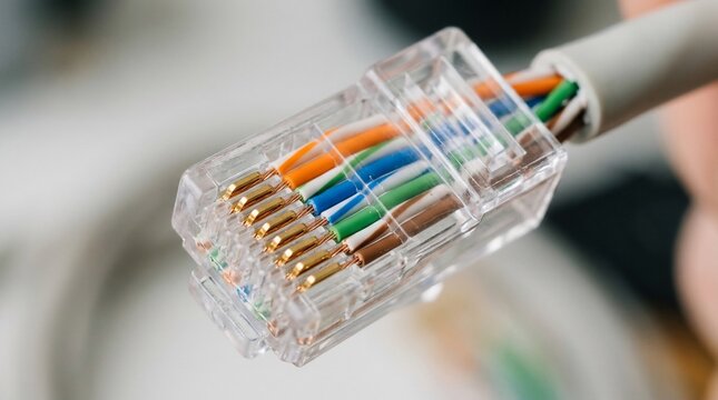 Close up view of an RJ45 Ethernet network cable connector.