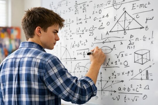 Focused student solving complex math problems on a whiteboard, a young man engaged in advanced mathematics, demonstrating problem-solving skills and academic learning for educational content.