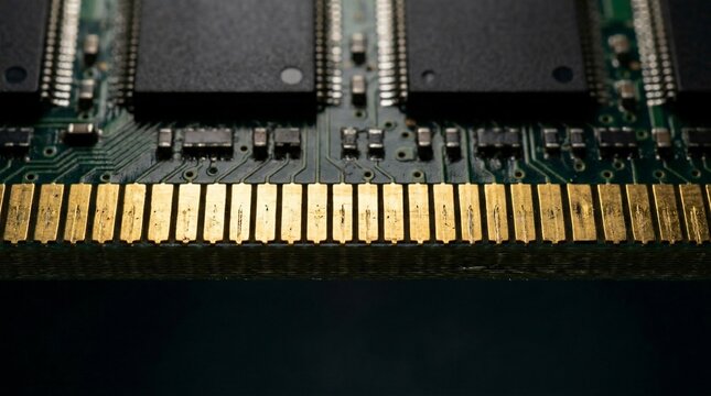 Close-up of computer RAM memory module gold contacts.