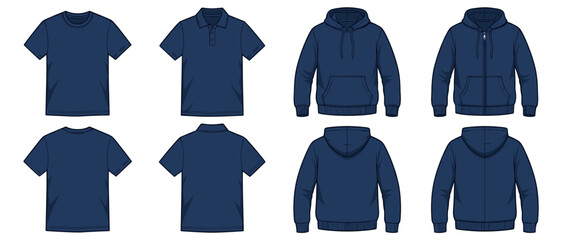 navy blue male shirt polo and hoodie template set