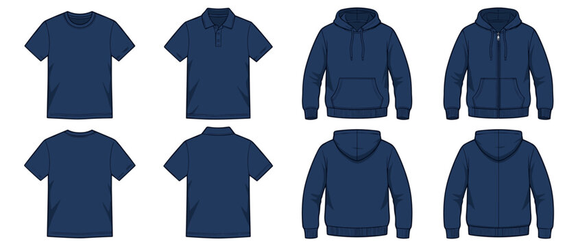 navy blue male shirt polo and hoodie template set