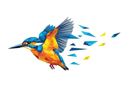 Low poly geometric colorful kingfisher bird in flight.