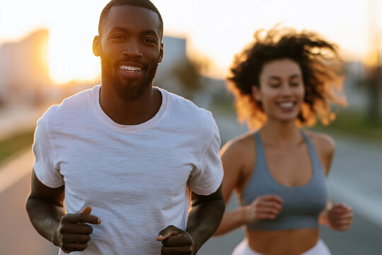 Sunset glows behind laughing joggers on paved path. Man and woman run side by side, smiling, enjoying movement. Natural light highlights their joyful, energetic expressions