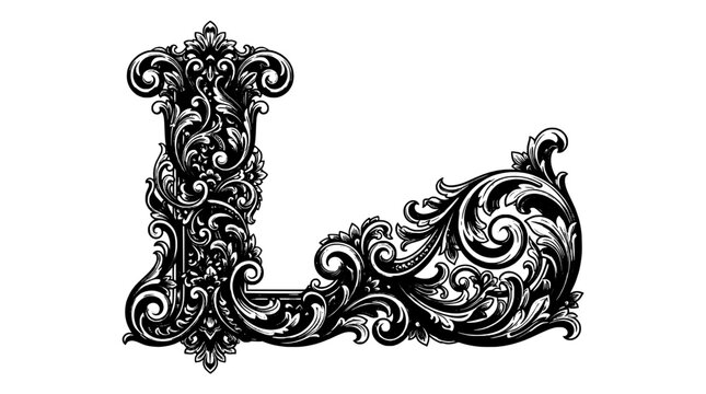 Letter J ornate tattoo style flourish with Victorian filigree curls and decorative swirls on white background