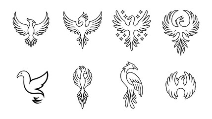 Obraz premium Set of phoenix bird symbols and icons outline and silhouette styles mythical legendary firebird creature