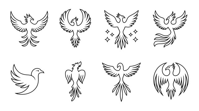 Collection of stylized phoenix bird outlines representing rebirth and mythology a dove symbol firebird