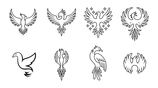 Set of phoenix bird symbols and icons outline and silhouette styles mythical legendary firebird creature