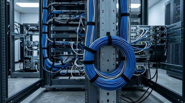 Data Center Server Rack with Organized Blue Ethernet Cables.