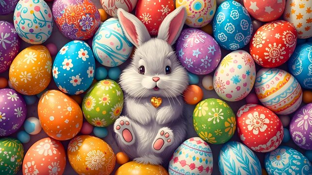 Cute Cartoon Easter Bunny Surrounded by Colorful Decorative Easter Eggs