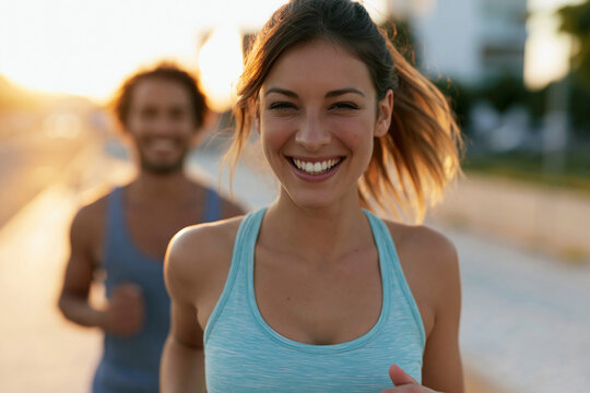 Sunset glow bathes smiling woman jogging. Man runs behind her, blurred in motion. Joyful expression radiates energy and wellness. Perfect for fitness, health, or lifestyle imagery