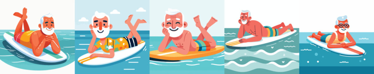 vector of a grandpa lying face down on a surfboard in the blue sea © Andi