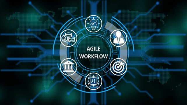 &ldquo;Agile Workflow, Artificial Intelligence, and Global Business Network Technology Concept&rdquo;. Digital circuit board on world background. Representing artificial intelligence, and future technology