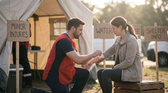 A disaster relief medic in a red tabard treats a minor wound for a woman seated on a crate outside a temporary shelter, a makeshift outdoor
