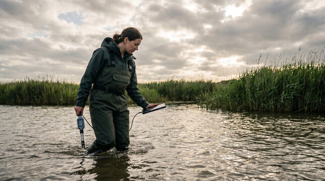 A field technician in waterproof gear wades through a shallow river estuary, holding an electronic water quality sensor below the surface, r