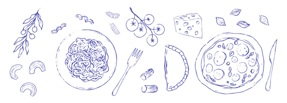 Italian food pizza and pasta hand drawn sketch. Mediterranean cuisine, mediterranean pasta types line doodle. Farfalle, fusilli, fettuccine, linguine.