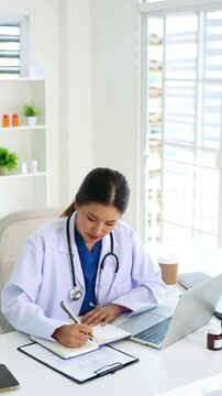Doctor looking at laptop screen writing in notebook for research planning or medical tech innovation in hospital office. Healthcare medic worker, research.