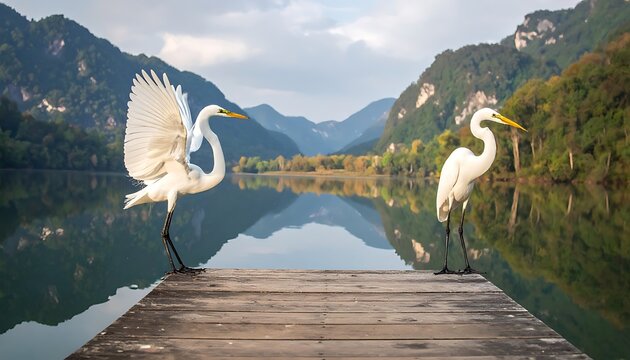 Two white herons on wooden lake dock.