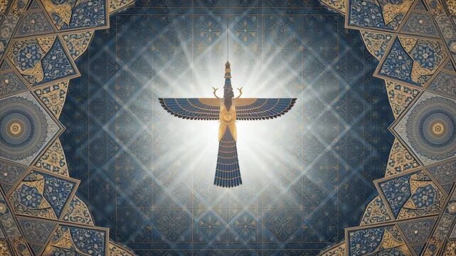 Glowing Faravahar symbol centered in blue and gold geometric mosaic patterns with radiant light beams for Persian heritage
